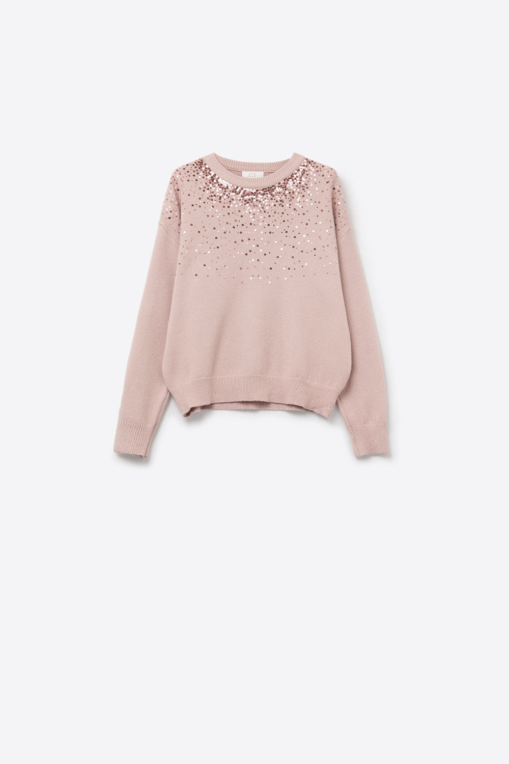 Q2 Camisola de malha macia cor-de-rosa decorada com lantejoulas na frente