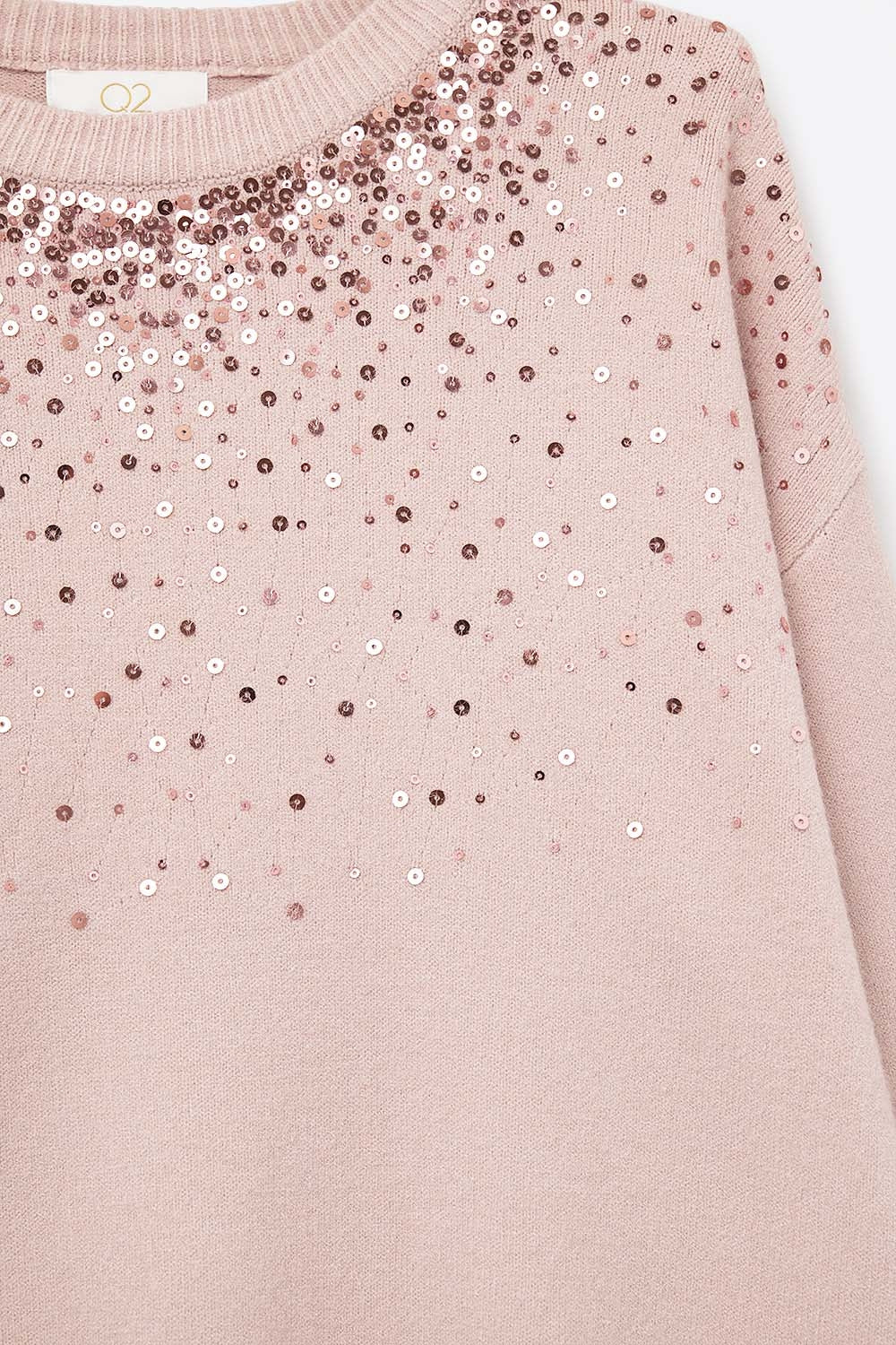 Camisola de malha macia cor-de-rosa decorada com lantejoulas na frente
