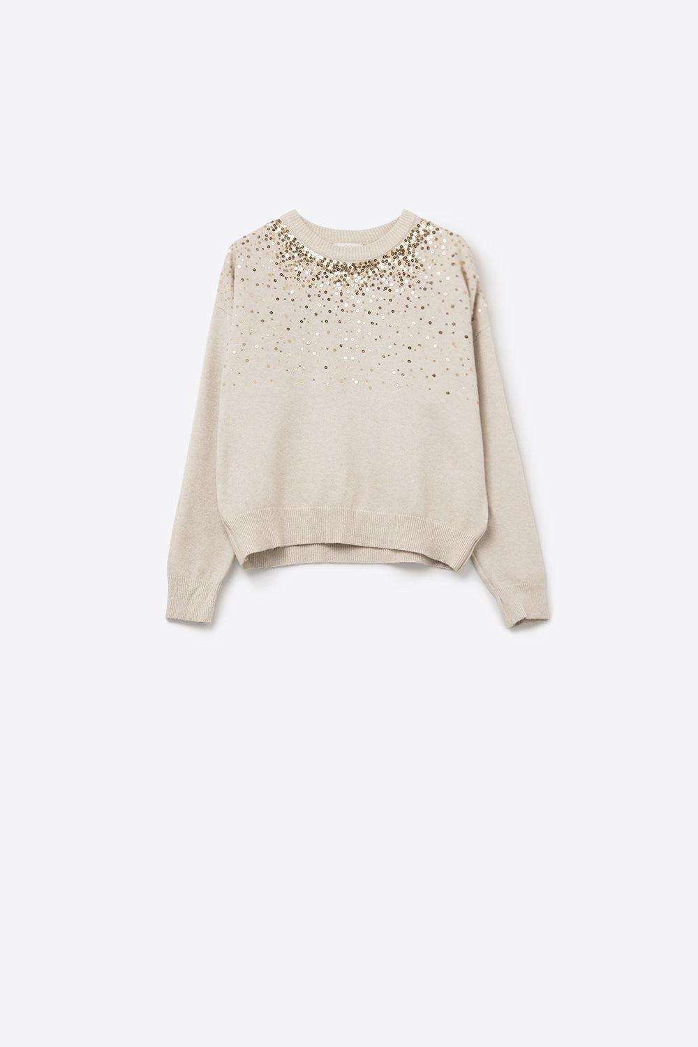 Q2 Camisola de malha macia creme decorada com lantejoulas na frente