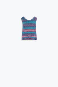 Q2 Camisola de malha multicolorida escura sem mangas com riscas e decote em gola redonda