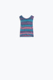 Q2 Camisola de malha multicolorida escura sem mangas com riscas e decote em gola redonda