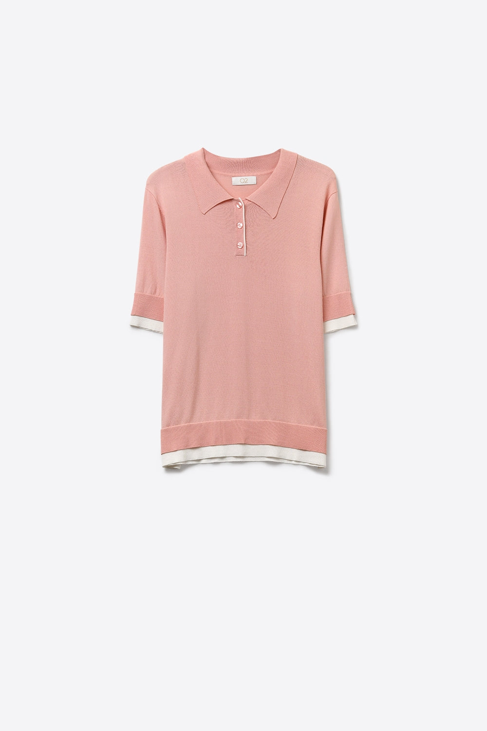 Q2 Camisola de malha polo cor-de-rosa com pormenores de acabamento em branco