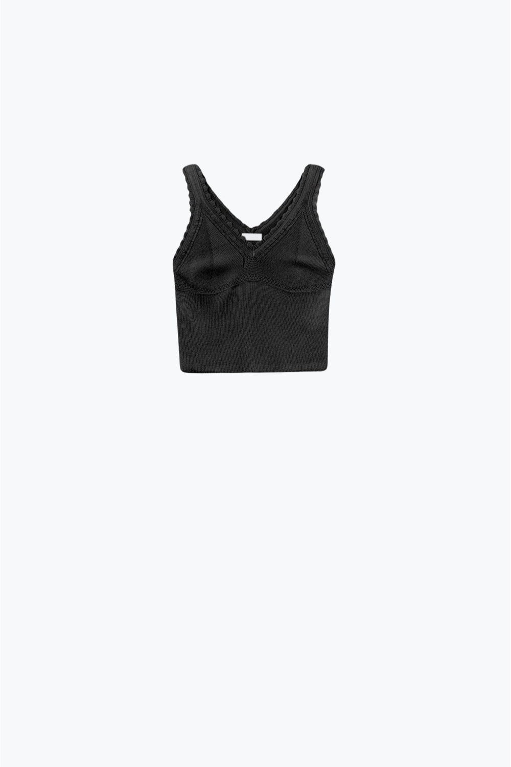 Q2 Camisola de malha preta com decote em V e rebordos recortados