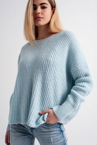 Camisola de malha turquesa com nervuras de grandes dimensões