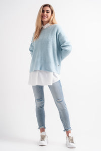 Camisola de malha turquesa com nervuras de grandes dimensões