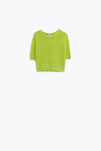 Q2 Camisola de malha verde de mangas 3/4 com pormenores de riscas em ziguezague