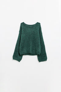 Q2 Camisola de manga balão aconchegante em verde esmeralda