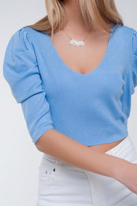 Camisola de manga curta bufante azul