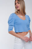 Q2 Camisola de manga curta bufante azul