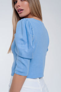 Camisola de manga curta bufante azul