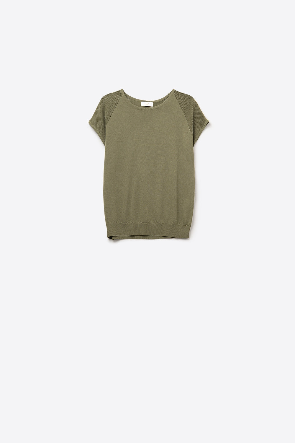Q2 Camisola de manga curta caqui com malha no ombro