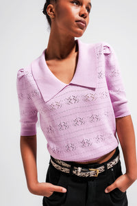 Q2 Camisola de manga curta com costura decorativa em rosa