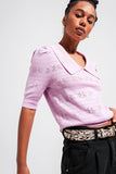 Camisola de manga curta com costura decorativa em rosa