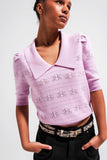 Q2 Camisola de manga curta com costura decorativa em rosa