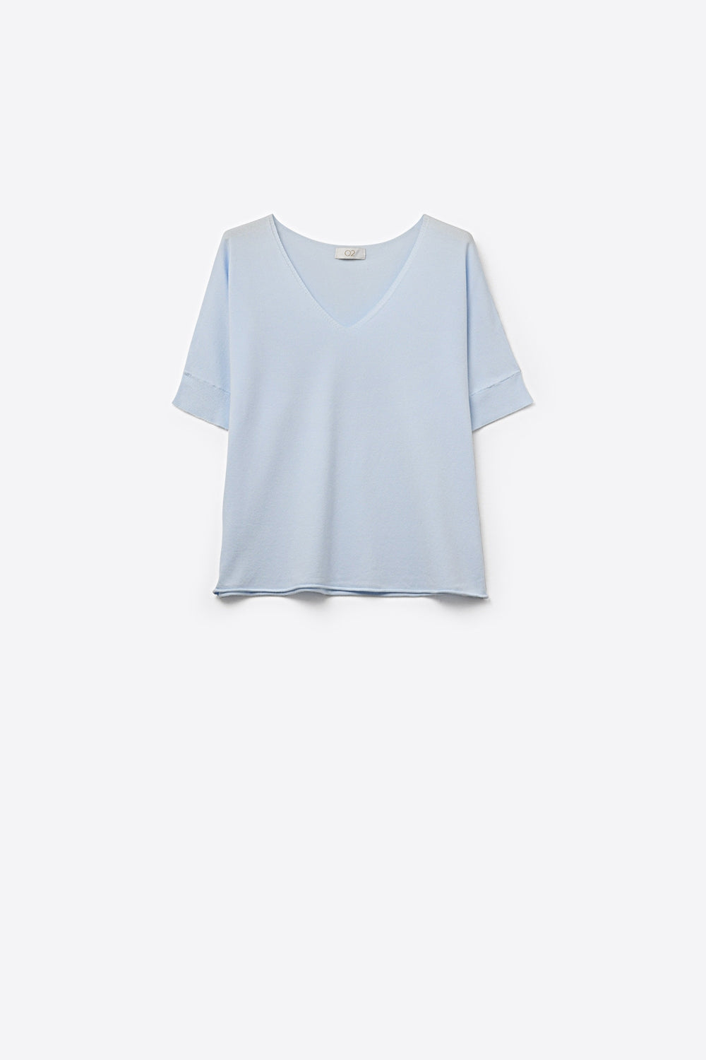 Q2 Camisola de manga curta com decote em V azul claro e descontraída