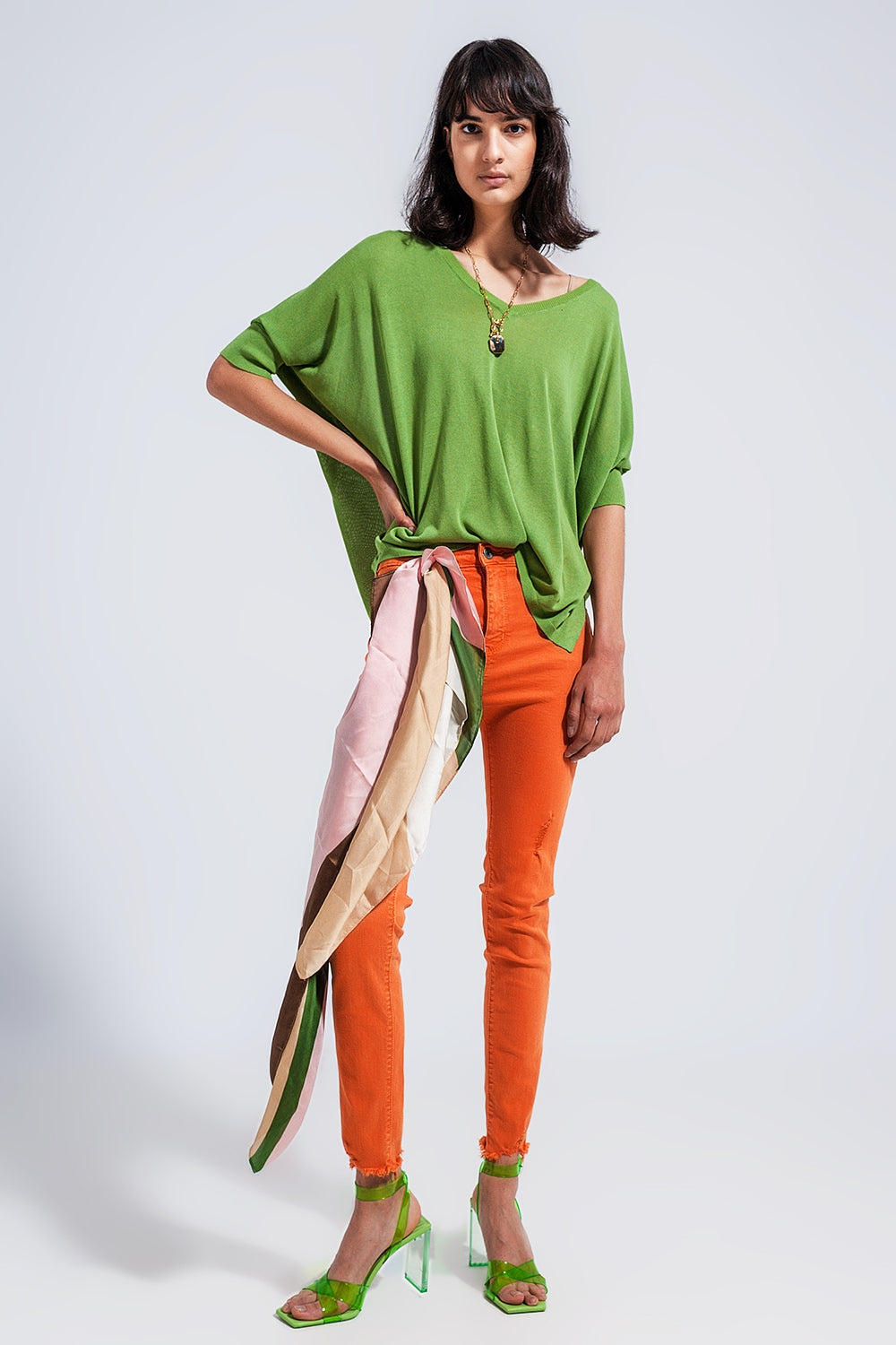 Camisola de manga curta de corte quadrado em verde