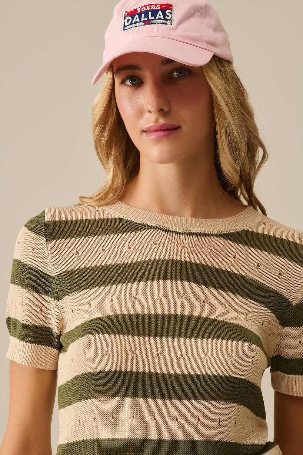 Camisola de manga curta em malha Pointelle às riscas verde