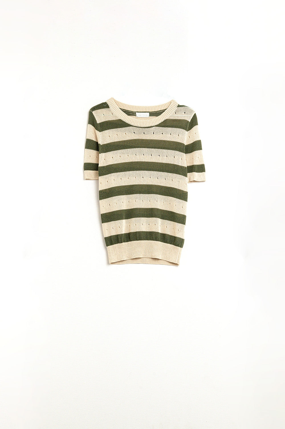 Camisola de manga curta em malha Pointelle às riscas verde