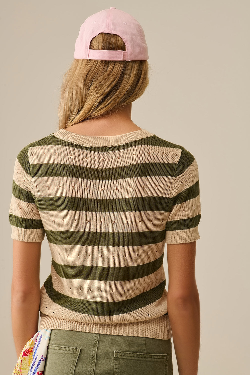 Camisola de manga curta em malha Pointelle às riscas verde