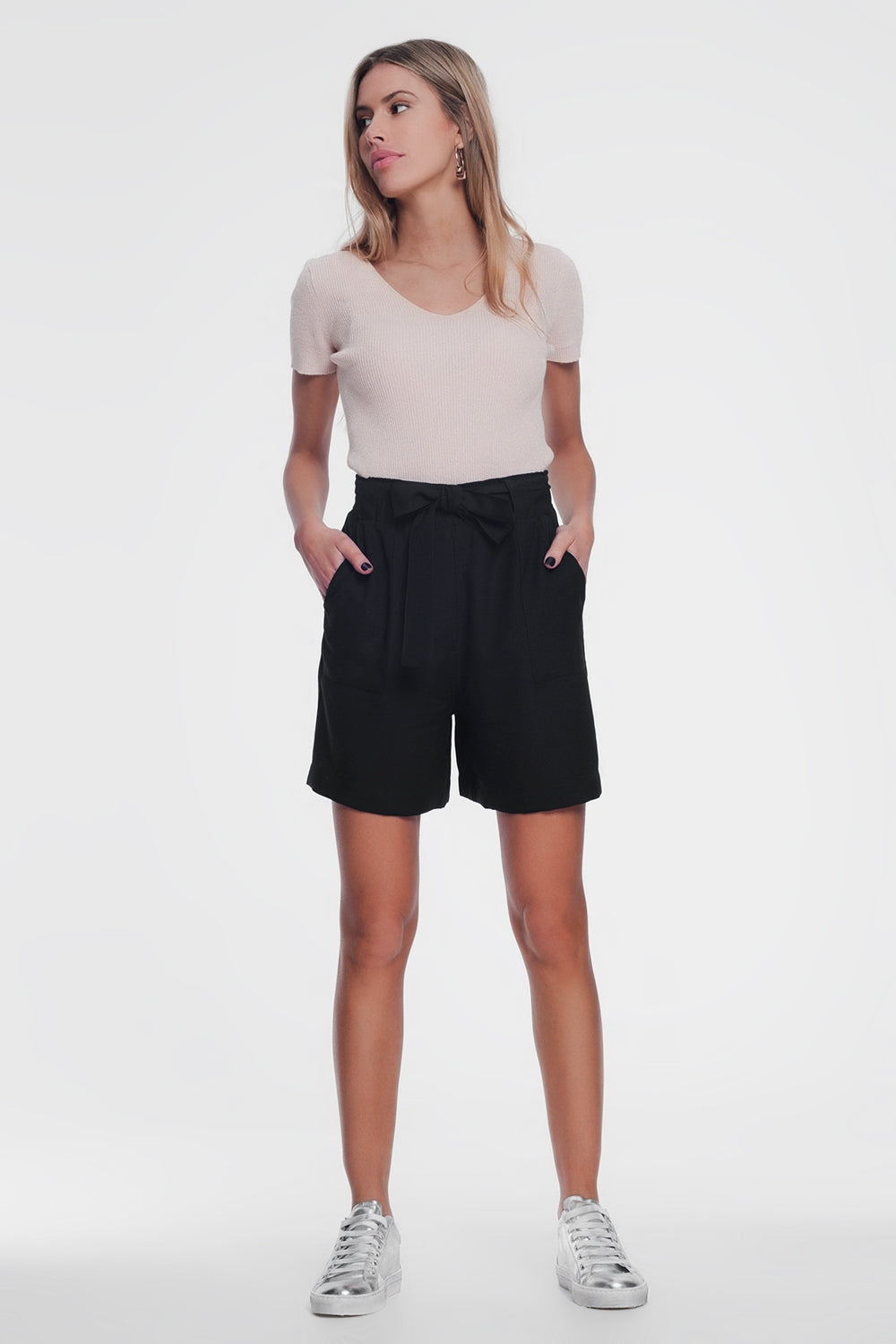 Camisola de manga curta gola v com nervuras finas rosa