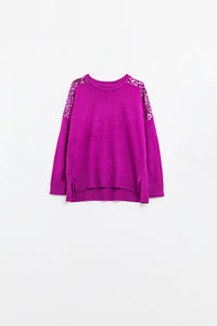 Camisola de mangas compridas fuchsia com lantejoulas nos ombros