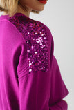 Q2 Camisola de mangas compridas fuchsia com lantejoulas nos ombros