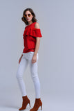 Camisola de ombro frio vermelho com babados e renda