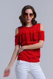 Camisola de ombro frio vermelho com babados e renda