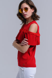 Camisola de ombro frio vermelho com babados e renda