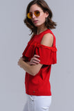 Camisola de ombro frio vermelho com babados e renda