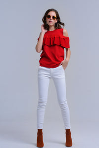 Camisola de ombro frio vermelho com babados e renda