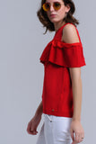 Q2 Camisola de ombro frio vermelho com babados e renda