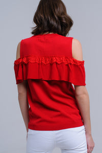 Camisola de ombro frio vermelho com babados e renda