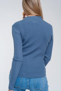 Camisola de pescoço com nervuras Azul