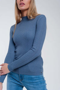Camisola de pescoço com nervuras Azul