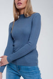 Camisola de pescoço com nervuras Azul