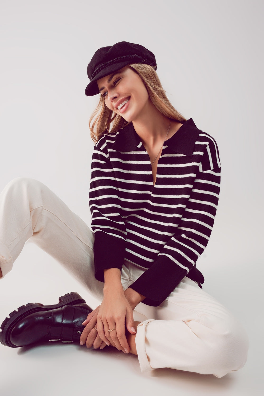 Q2 Camisola de pescoço polo listrado preto