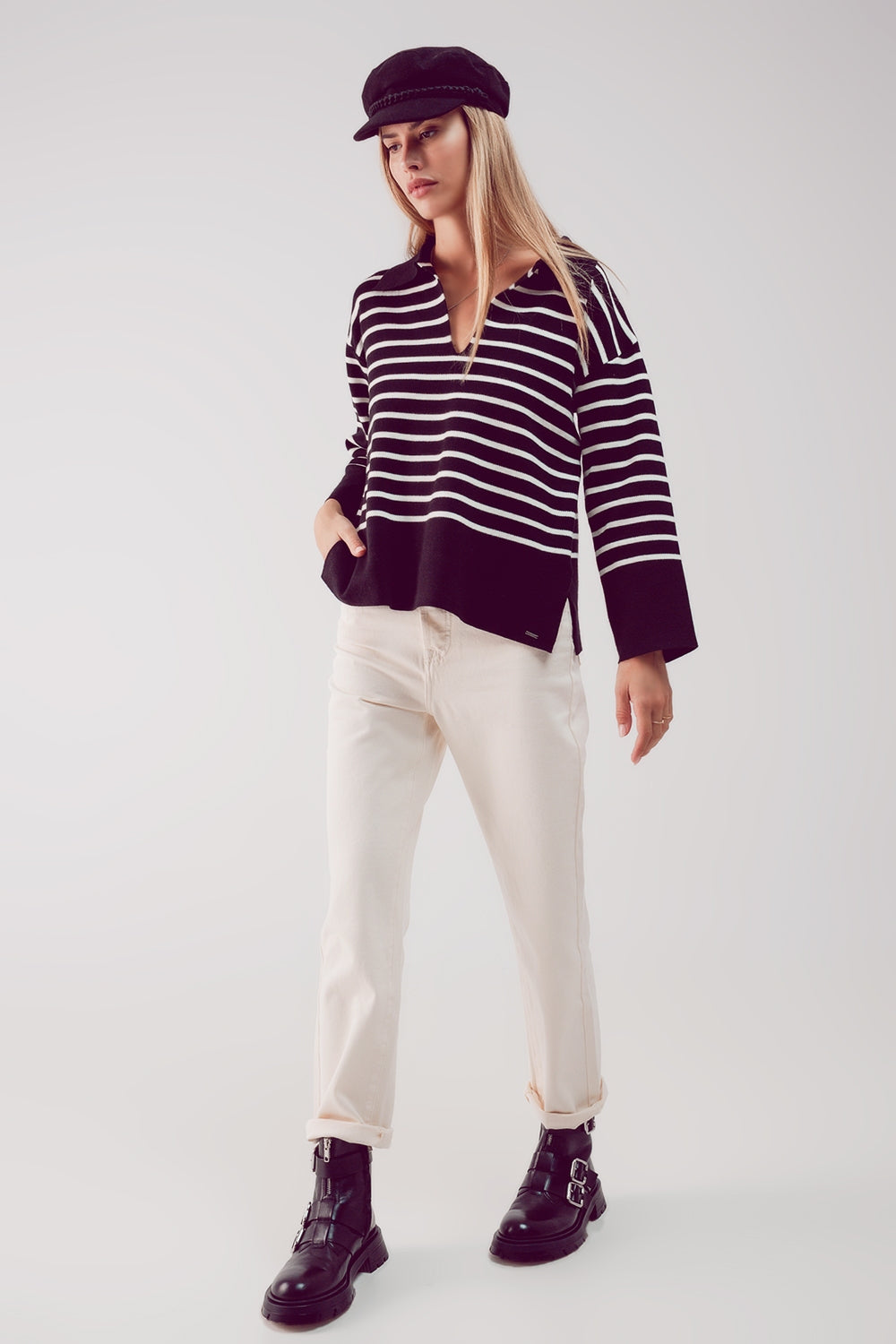 Camisola de pescoço polo listrado preto