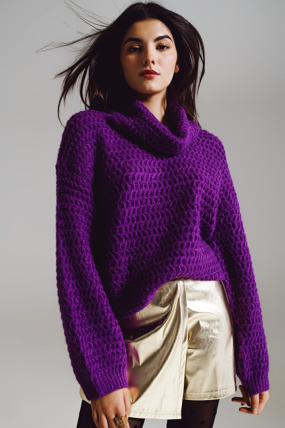 Q2 Camisola de Tricô com Gola Alta em Roxo