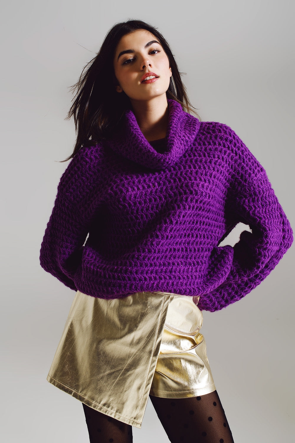 Camisola de Tricô com Gola Alta em Roxo
