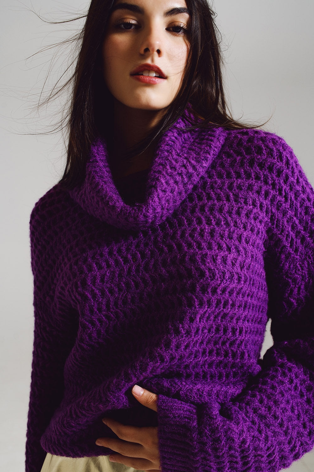 Camisola de Tricô com Gola Alta em Roxo