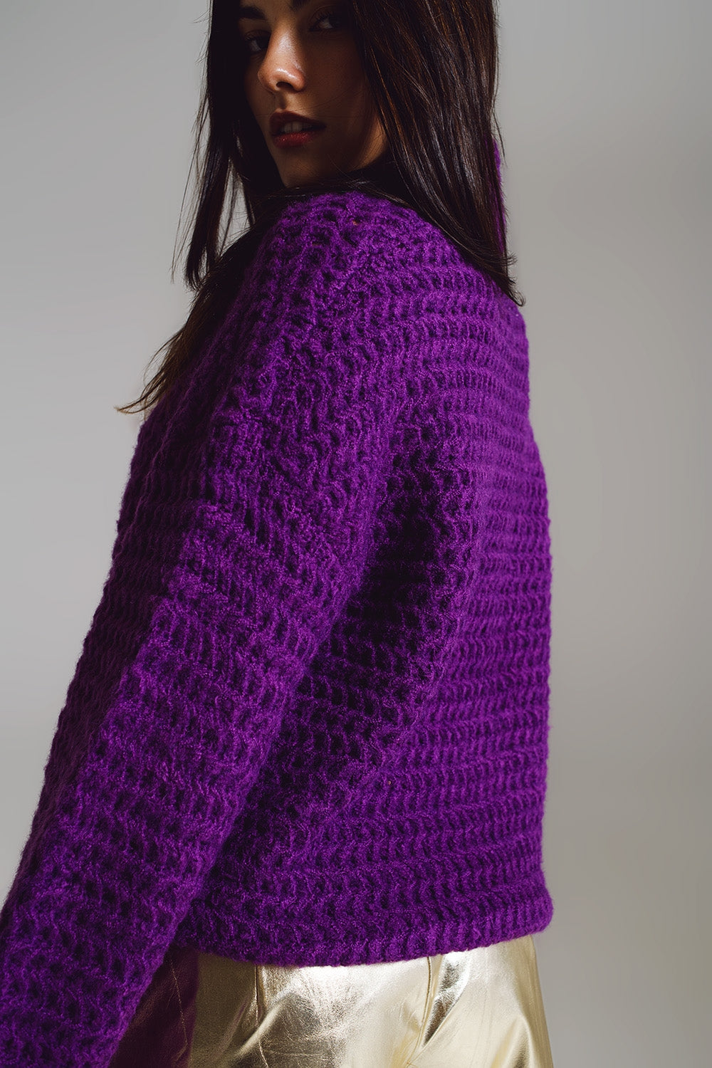 Camisola de Tricô com Gola Alta em Roxo