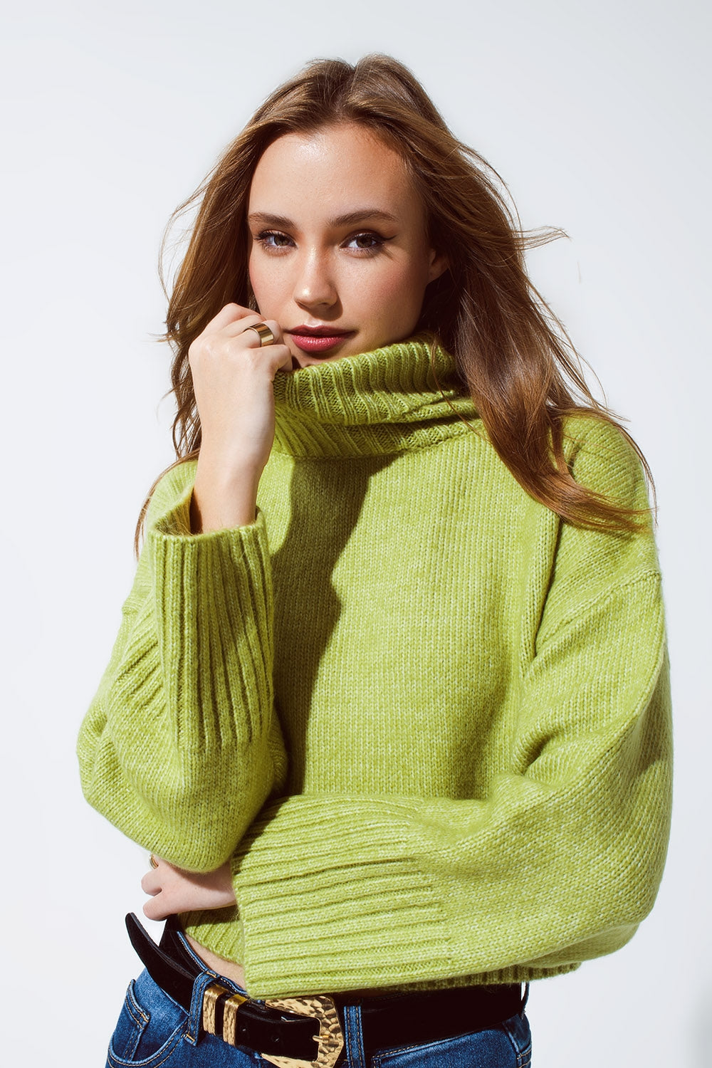 Q2 Camisola de tricô grosso com gola alta em verde