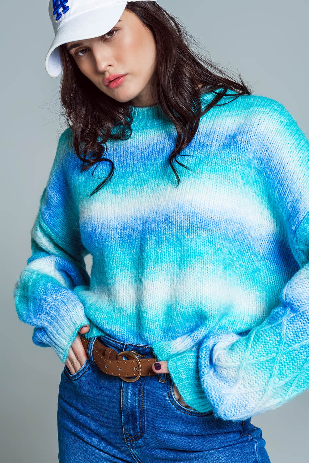 Camisola descontraída com estampado Ombre em tons de azul e estampado Argyle nas mangas