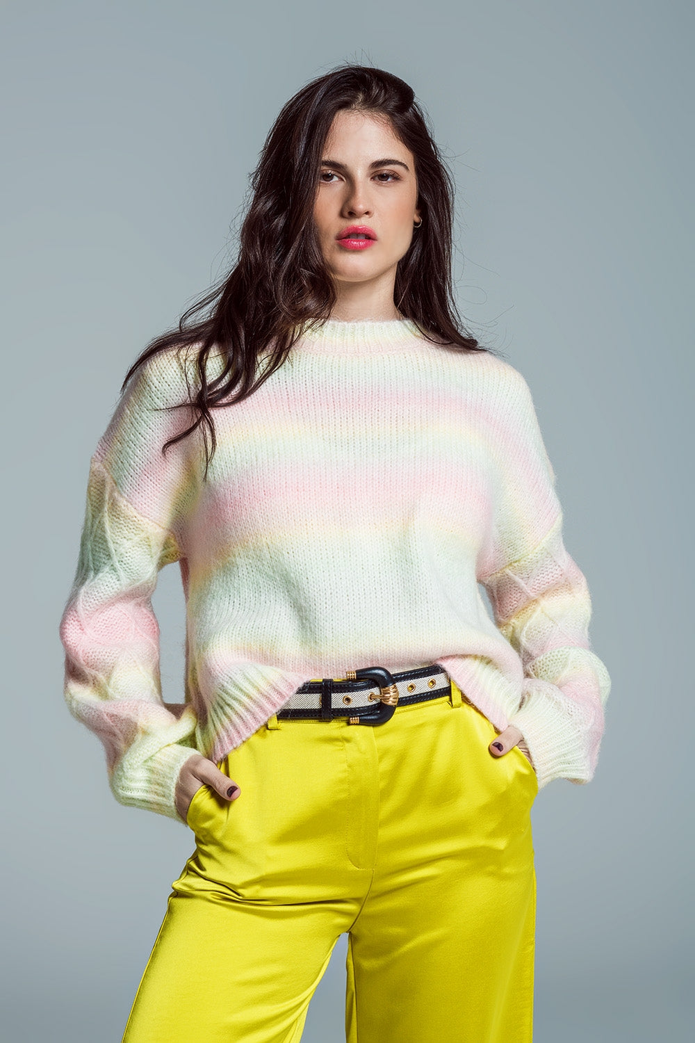 Q2 Camisola descontraída com estampado Ombre em tons de pastel e estampado Argyle nas mangas
