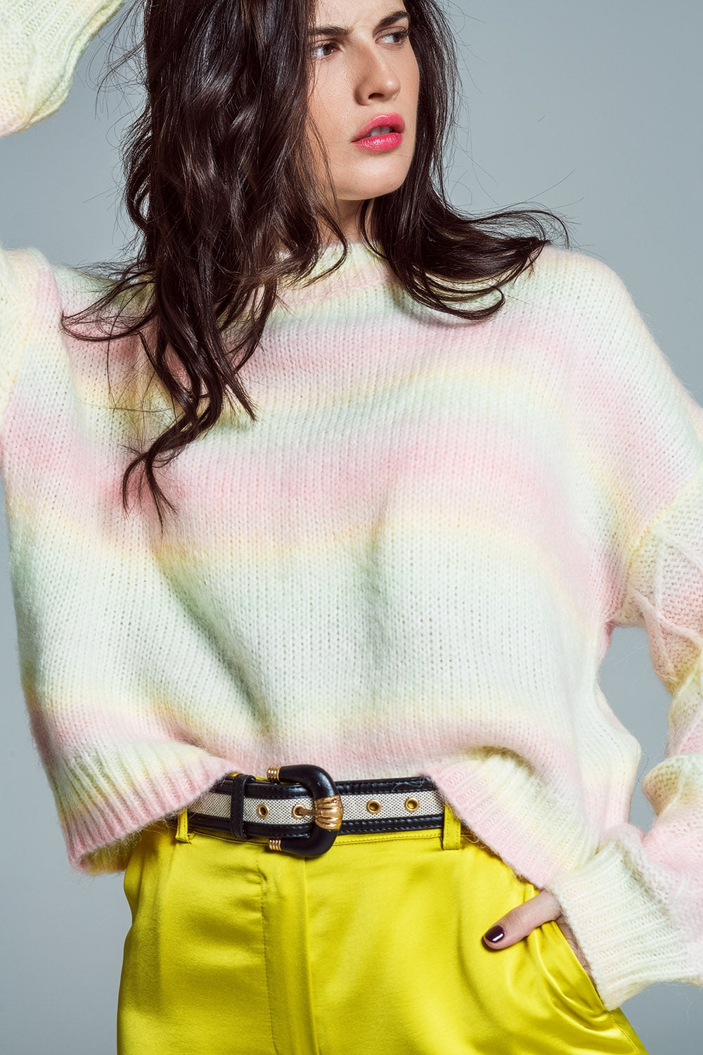 Camisola descontraída com estampado Ombre em tons de pastel e estampado Argyle nas mangas