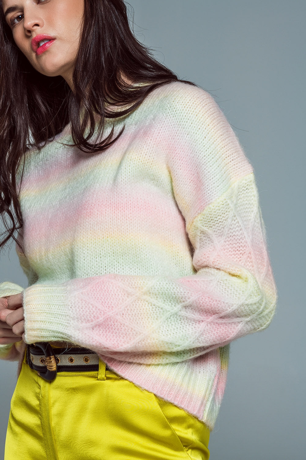 Camisola descontraída com estampado Ombre em tons de pastel e estampado Argyle nas mangas