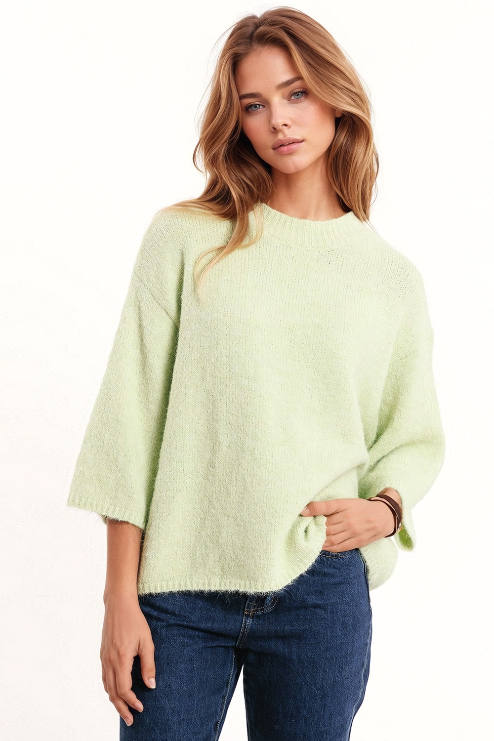 Q2 Camisola descontraída com manga 3/4 e gola redonda em verde