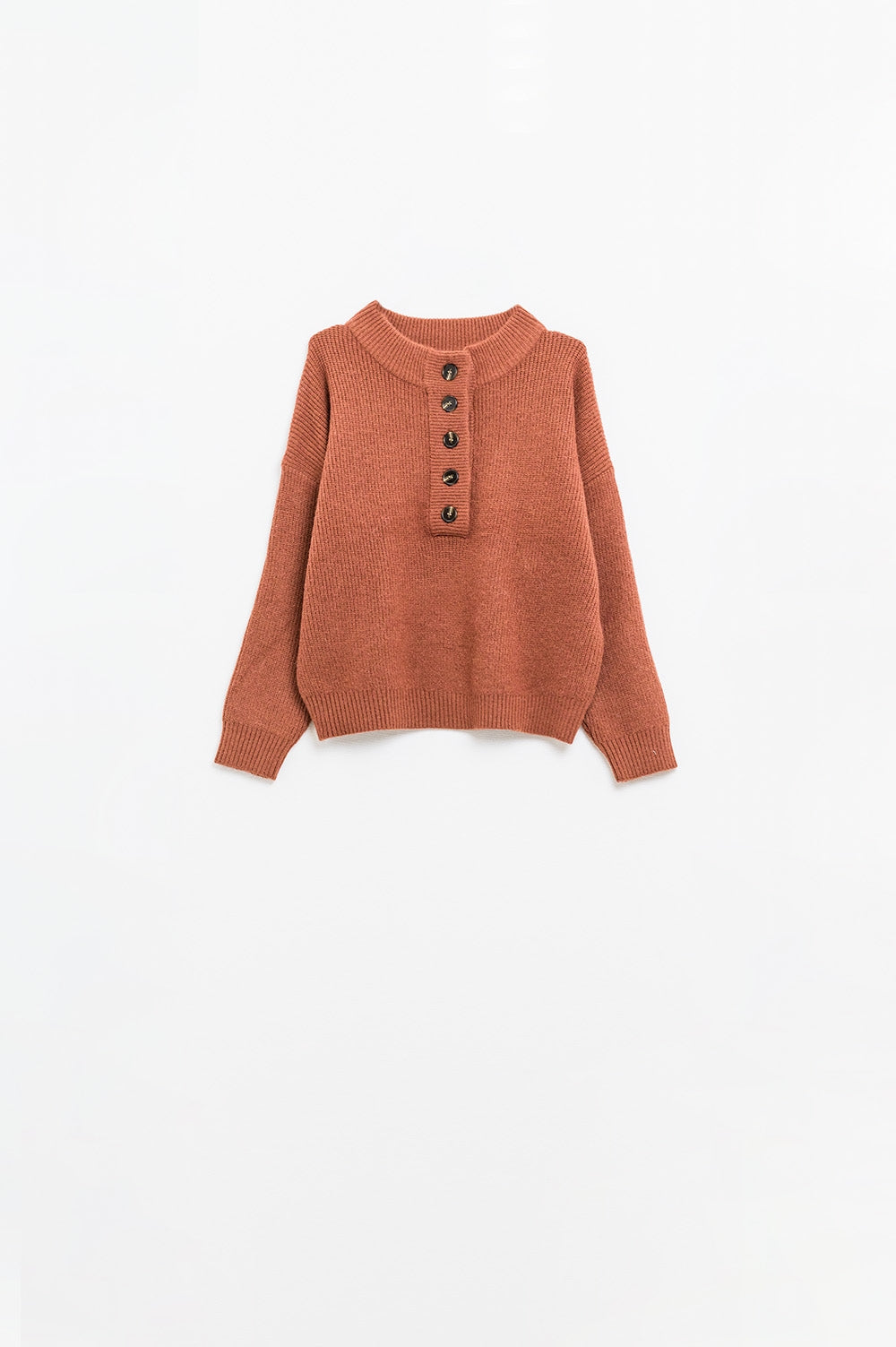 Q2 Camisola descontraída com meio botão em camel