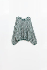 Q2 Camisola descontraída com riscas em forma de asa de morcego em malha verde e branca